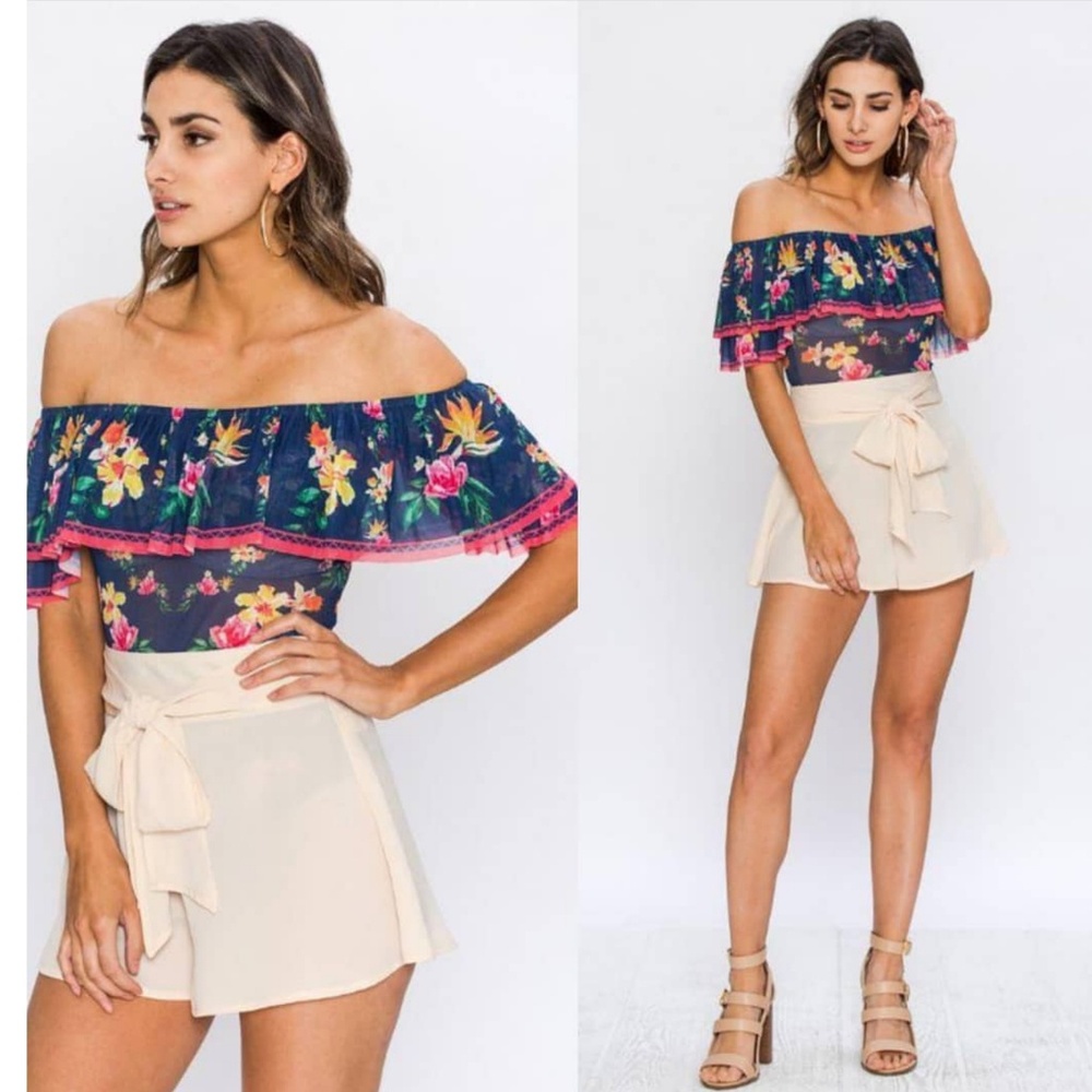 Floral off the shoulder bodysuit top ruffle